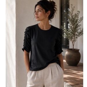 Veronica Beard Waldorf T-Shirt Womens XL Black Ruched Sleeve Cropped Pima Cotton